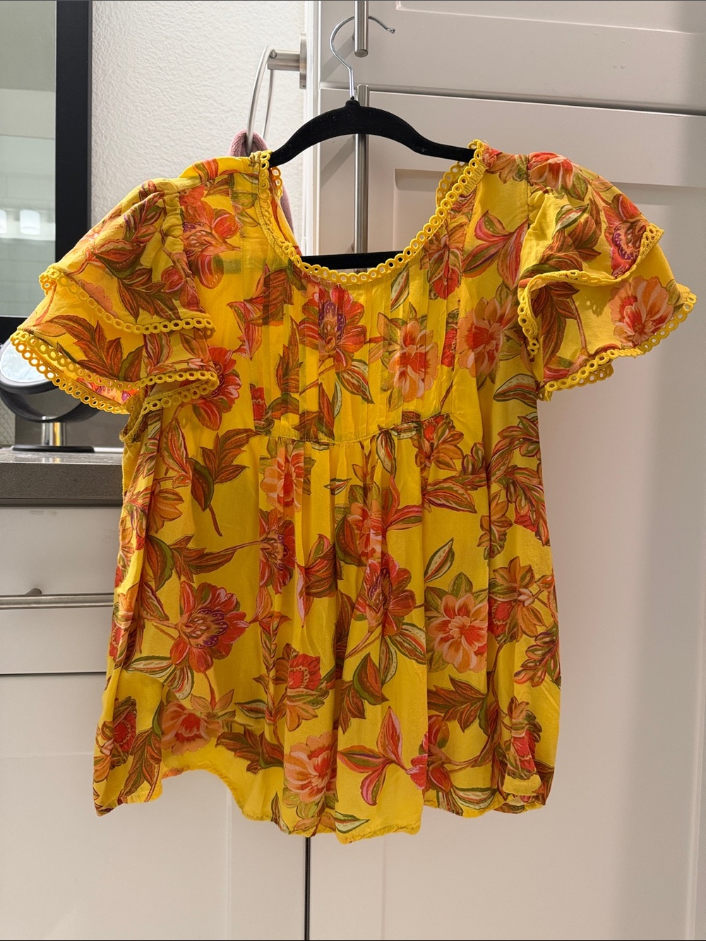 Yellow Floral Flutter-Sleeve Women's Top